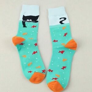 Aqua orange black cat catching fish Womens crew socks cute gift for cat lovers